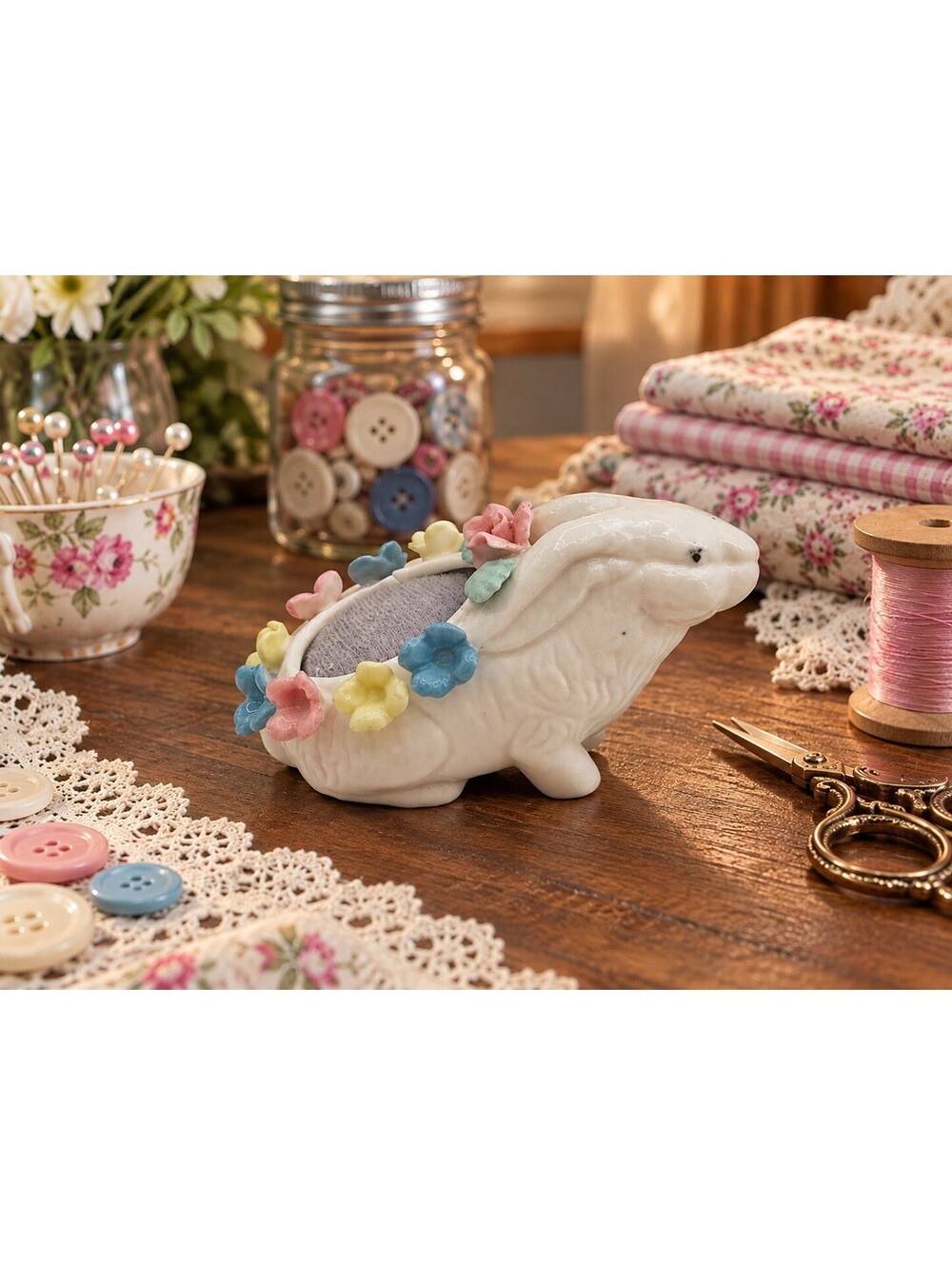 Vintage Ardalt Porcelain Bunny Rabbit Pincushion Applied Flowers 1950s